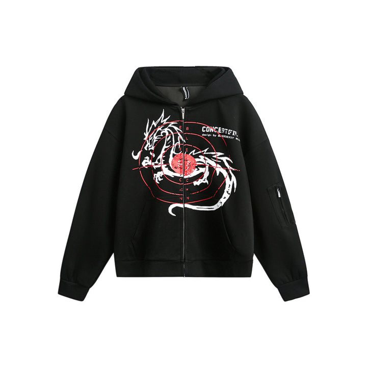 Unisex Oversize Hoodie Zip Jacket with Dragon Print and Arm Pocket Mune Fashion