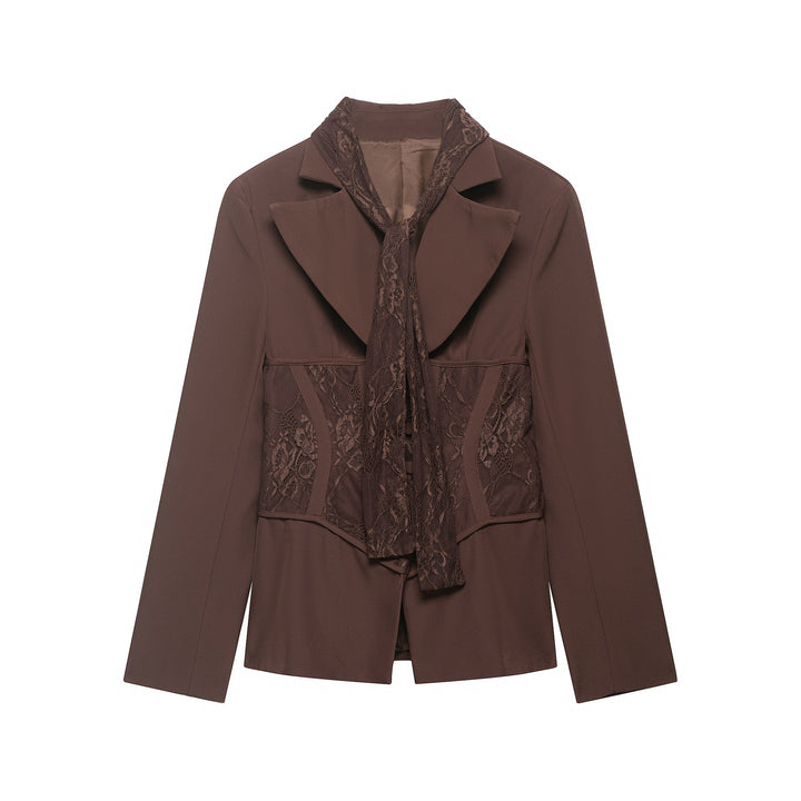 Women Tailored Blazer with Lace Inserts and Integrated Lace Scarf Mune Fashion
