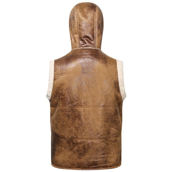Men's Sleeveless Lambskin Imitation Vest with Hood and Continuous Zipper Mune Fashion