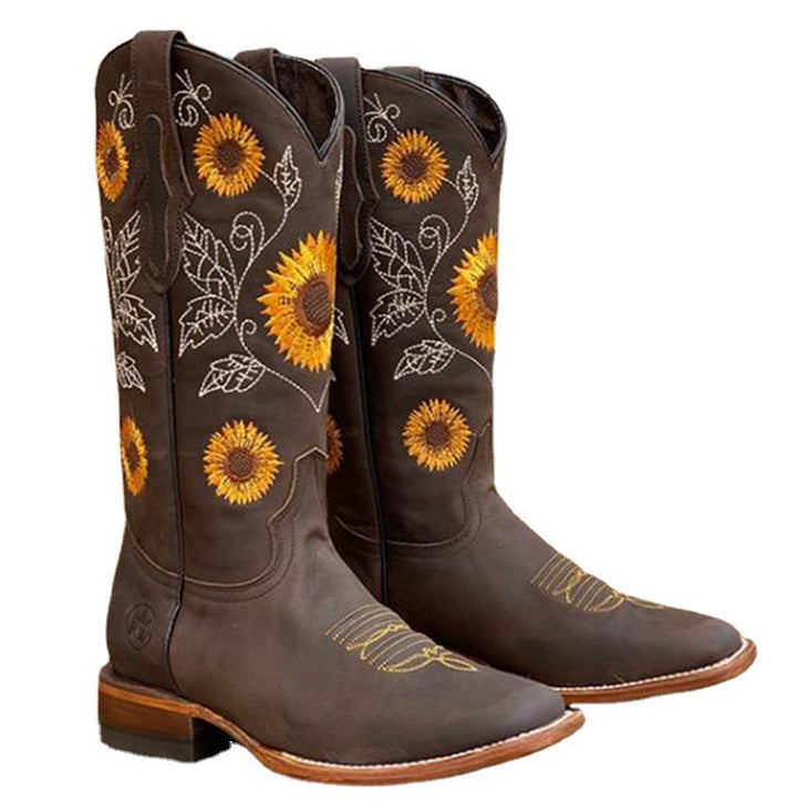 Women's western boots with sunflower embroidery and medium block heel Mune Fashion