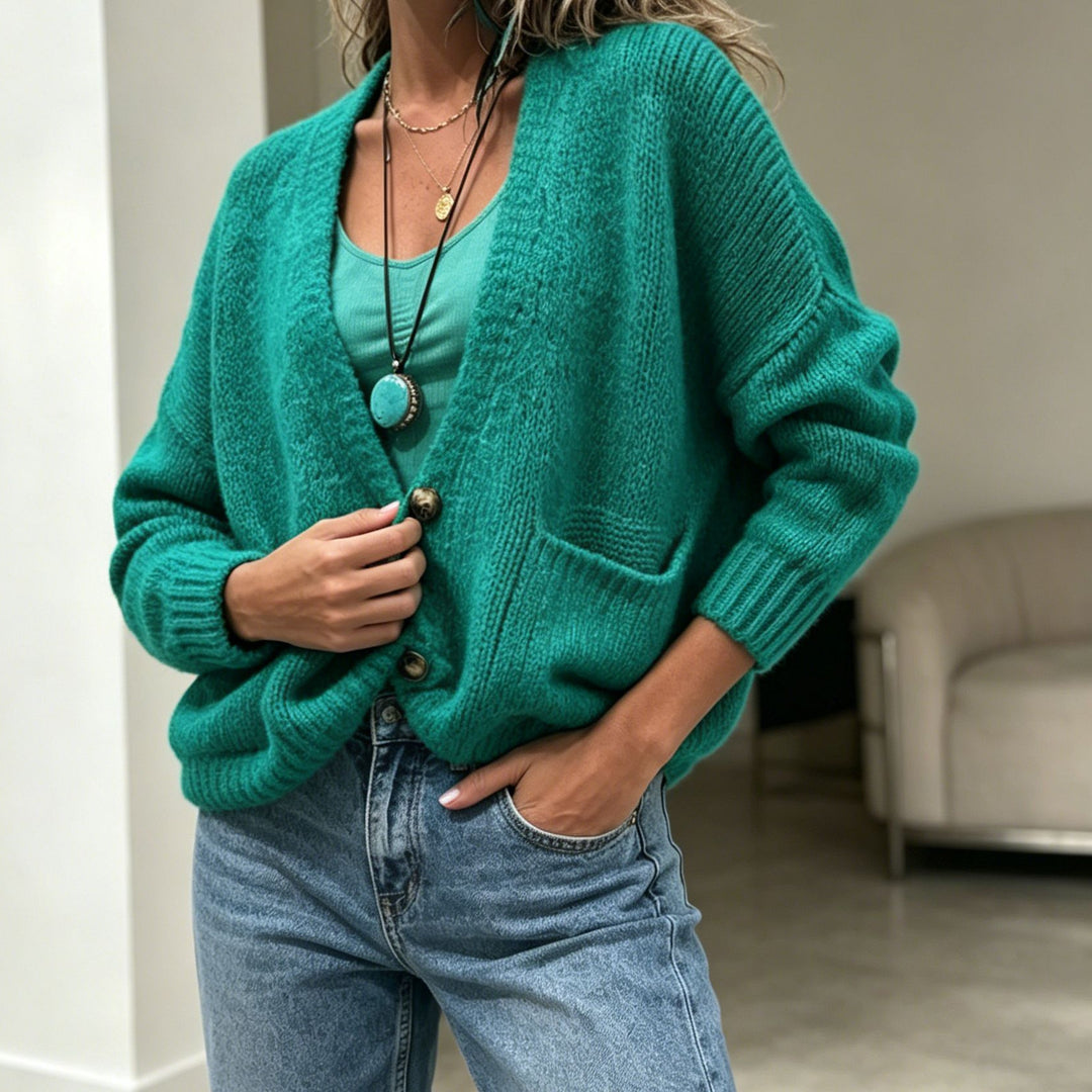 Women's Chunky Knit Oversize Cardigan with Button Placket and Insert Pockets Mune Fashion