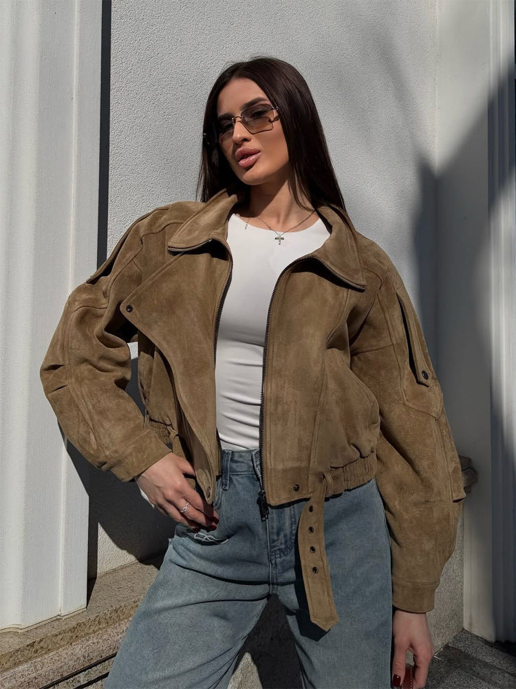 Ladies short-cut suede bomber jacket with belt & oversized sleeves Mune Fashion
