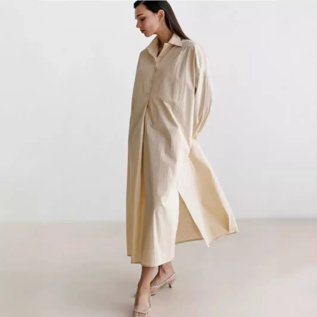 Women Flowing Oversized Shirt Dress with Kent Collar, Kimono Sleeves and Side Slits Mune Fashion