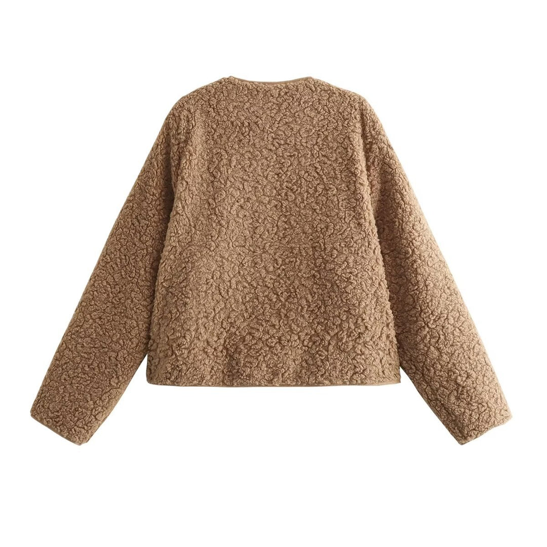 Women's short teddy fleece blazer with round neck, full zip, and discreet side pockets Mune Fashion