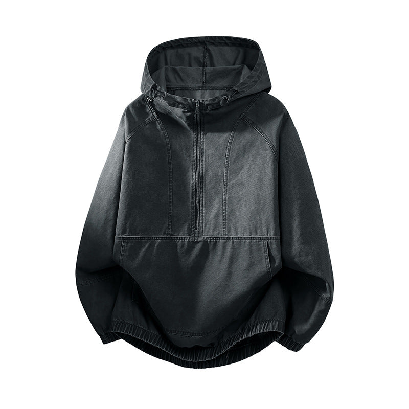 Men's Oversize Canvas Half-Zip Hoodie Anorak with Kangaroo Pocket and Elastic Hem Mune Fashion