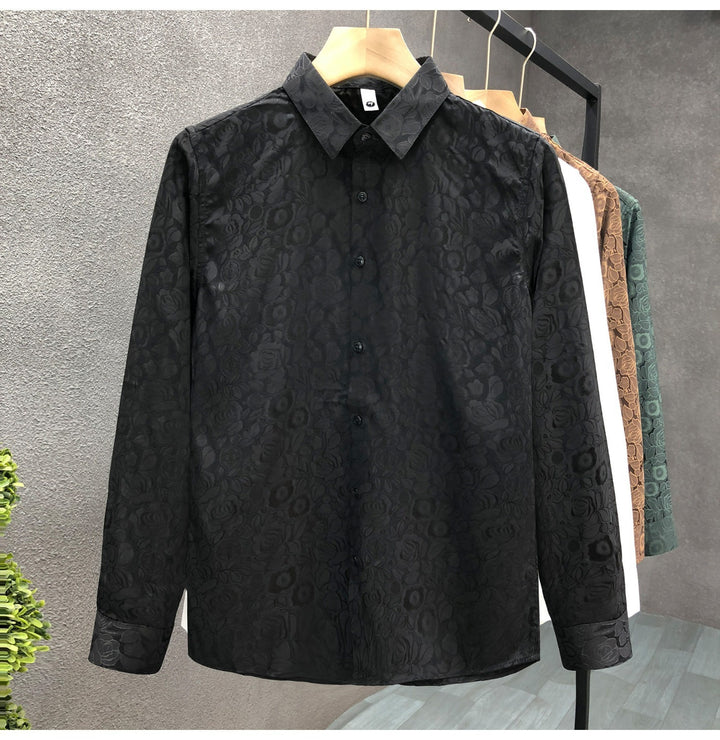Men's Long Sleeve Jacquard Shirt with Fine Floral Relief and Kent Collar Mune Fashion