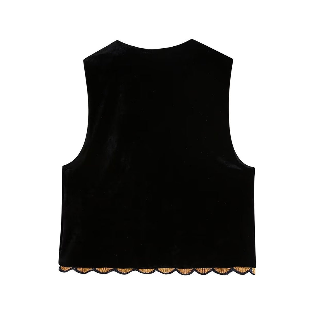 Women's Embroidered Velvet Vest with Folk Bead Embroidery and Curved Hem Mune Fashion