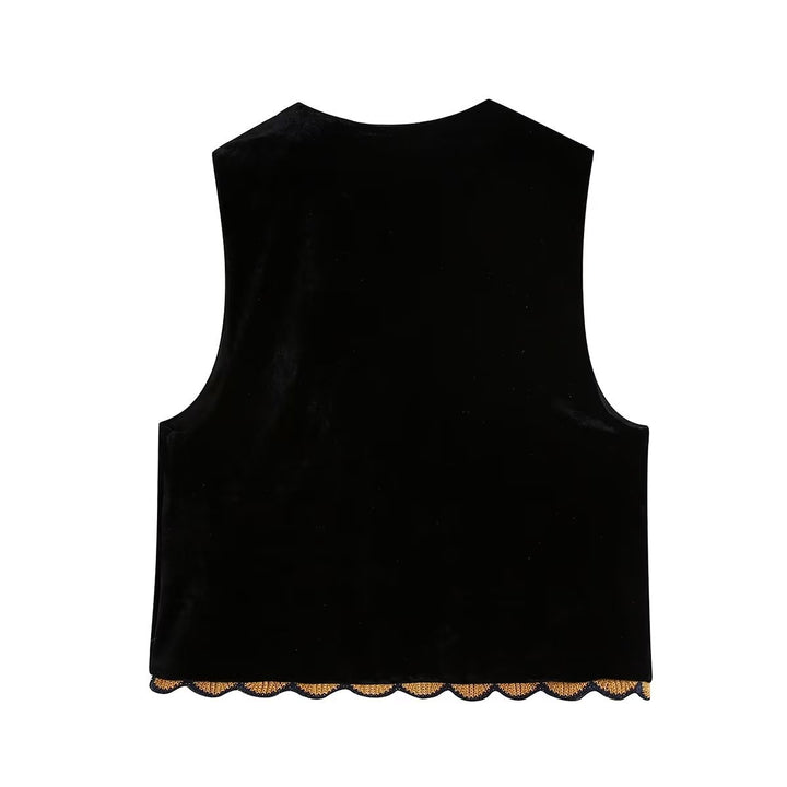 Women's Embroidered Velvet Vest with Folk Bead Embroidery and Curved Hem Mune Fashion