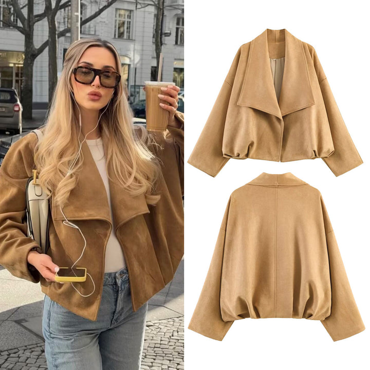 Women short cut oversized suede jacket with wide waterfall collar Mune Fashion