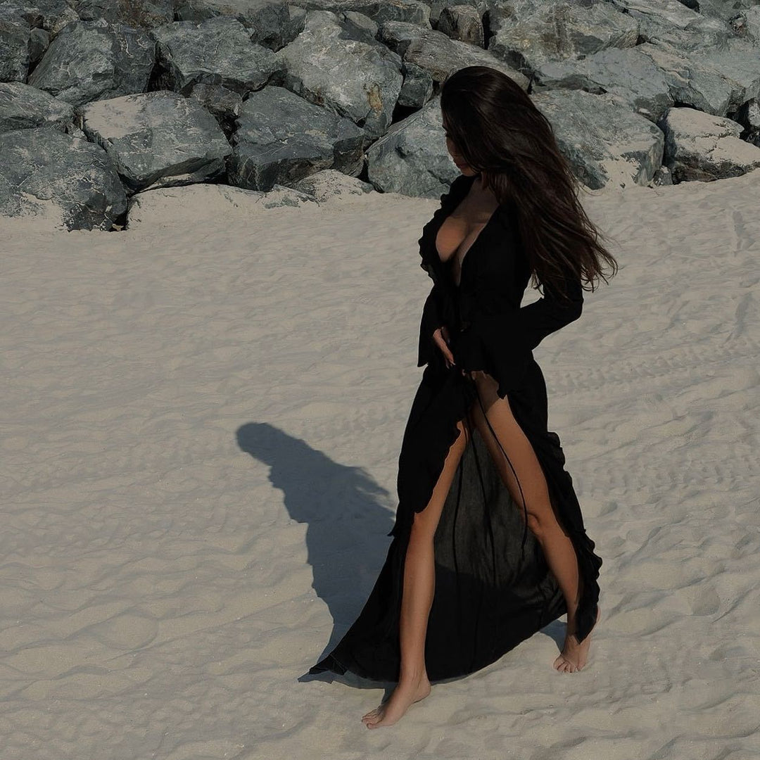 Women elegant beach dress with ruffles and deep slit Mune Fashion