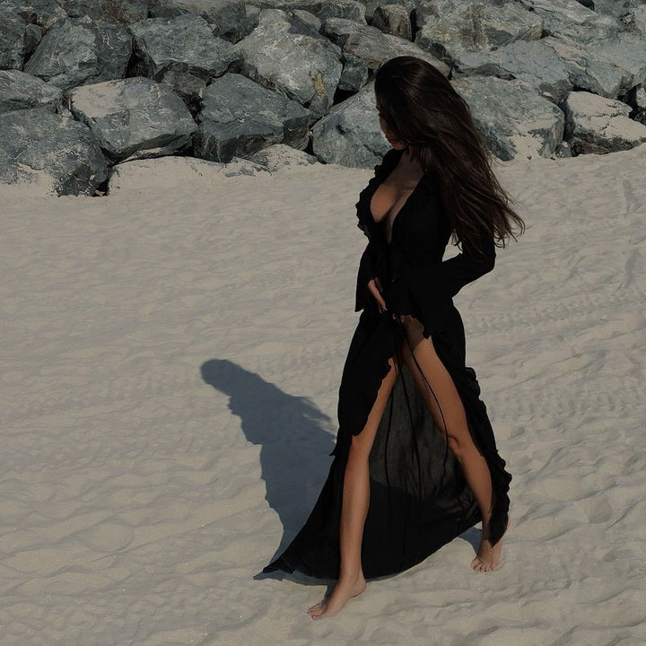 Women elegant beach dress with ruffles and deep slit Mune Fashion
