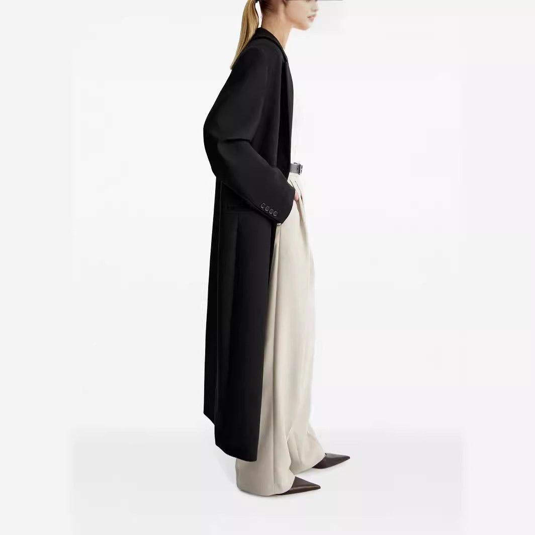 Ladies long cut single-breasted oversized coat with narrow lapels Mune Fashion