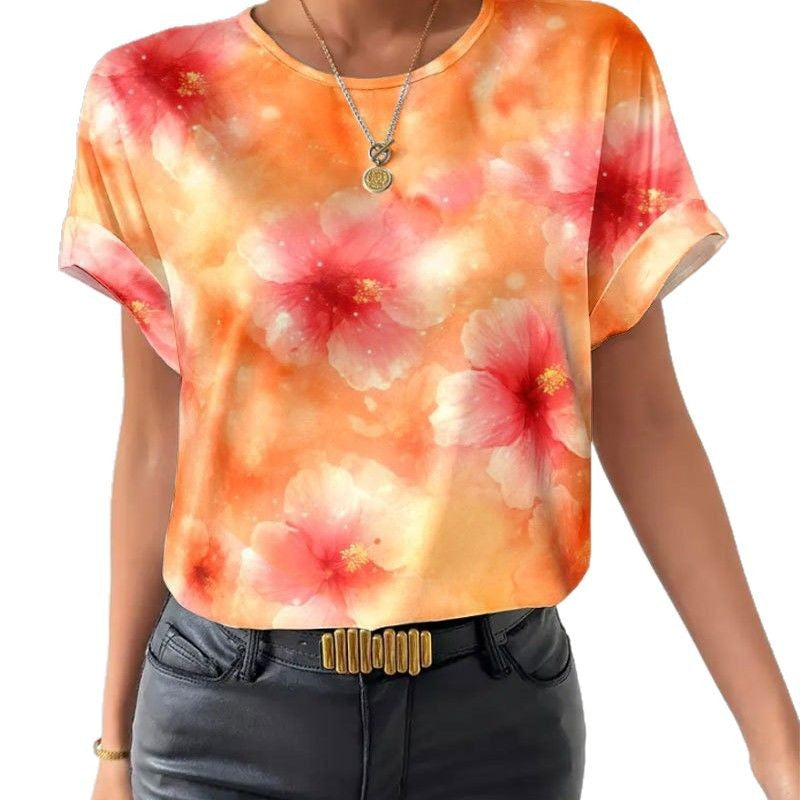 Women's loose short blouse shirt in silky look with watercolor flower print and rolled-up sleeves Mune Fashion