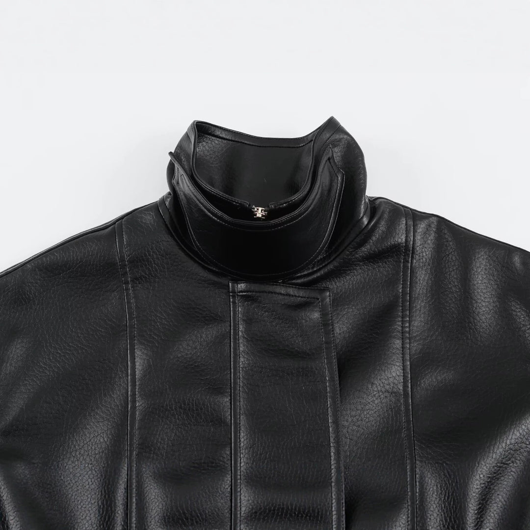 Women's Oversized Faux Leather Jacket with High Funnel Collar and Patch Pockets Mune Fashion