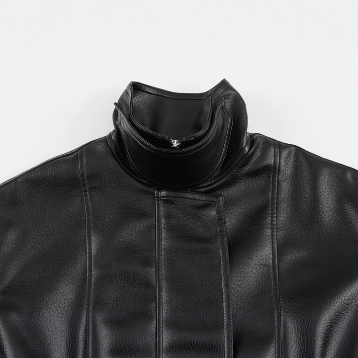 Women's Oversized Faux Leather Jacket with High Funnel Collar and Patch Pockets Mune Fashion