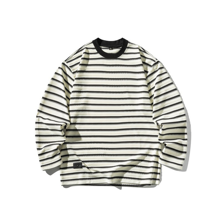 Unisex Striped Oversized Long Sleeve Shirt made of Cotton Blend with Ribbed Round Neck