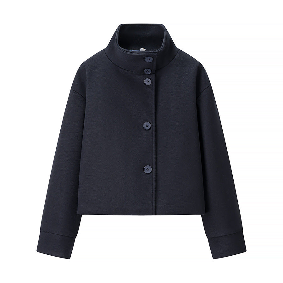 Women nan cropped wool blend jacket with high stand-up collar, boxy fit and concealed button placket Mune Fashion