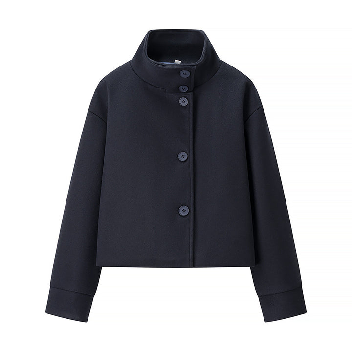 Women nan cropped wool blend jacket with high stand-up collar, boxy fit and concealed button placket Mune Fashion