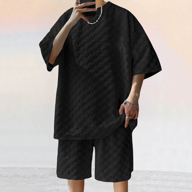 Unisex extra-large leisure set made of textured waffle quality with round neck and loose-fitting bermuda shorts Mune Fashion