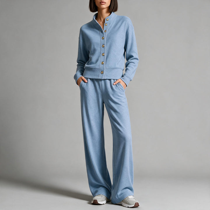 Women's sweat jacket with snap button placket, standing collar, and soft lounge cut Mune Fashion