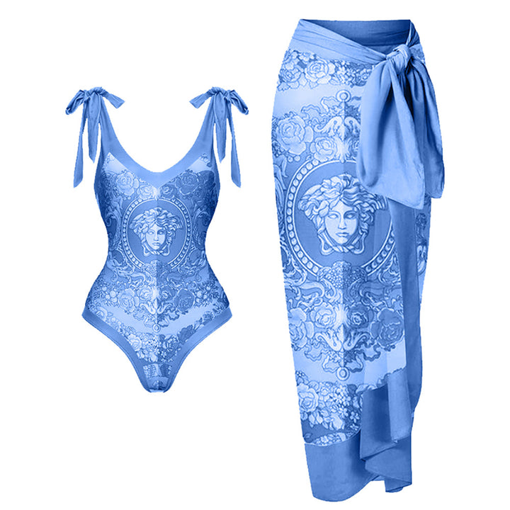 Women’s One-Piece Swimsuit with Playful Tie Straps and Elegant Wrap Skirt Mune Fashion