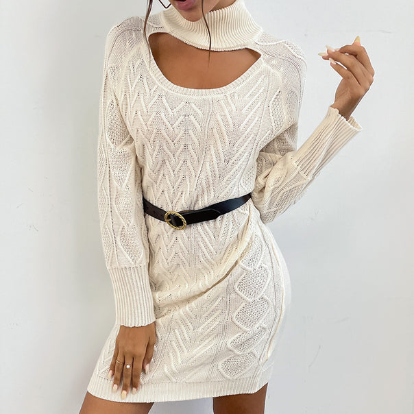 Women’s Knit Mini Dress with Cut-Out and Turtleneck Mune Fashion