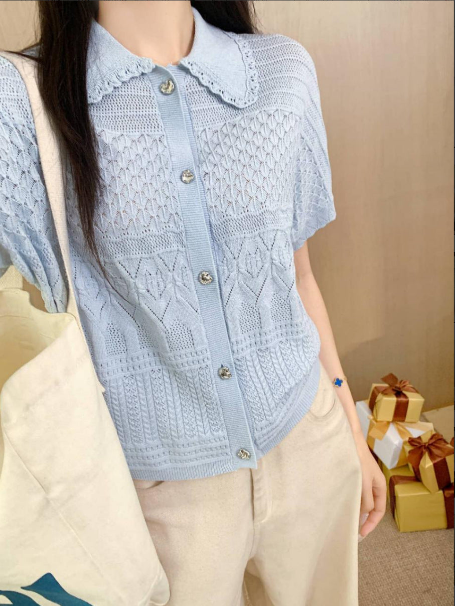 Women Short Sleeve Cardigan with Peter Pan Collar and Openwork Pattern Mune Fashion