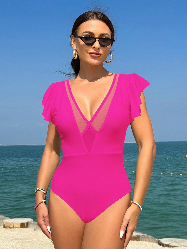 Ladies' one-piece swimsuit with elegant ruffles and deep V-neck Mune Fashion