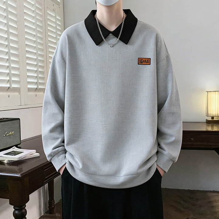 Men's Loose Fit Polo Sweatshirt with Contrast Collar and Waffle Texture Mune Fashion