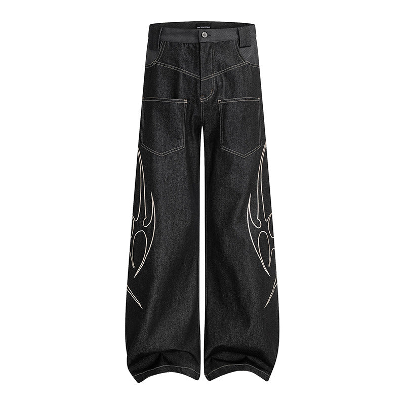 Women's Loose High-Waist Denim Cargo Pants with Flame Embroidery and Patch Pockets Mune Fashion