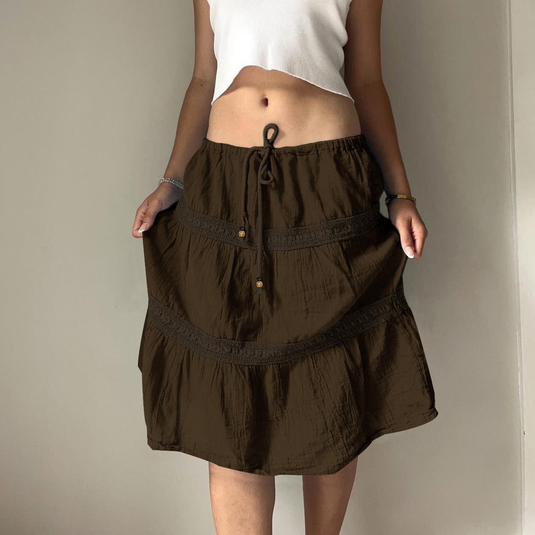 Women’s tiered boho midi skirt with elastic drawstring waistband and crochet band details Mune Fashion