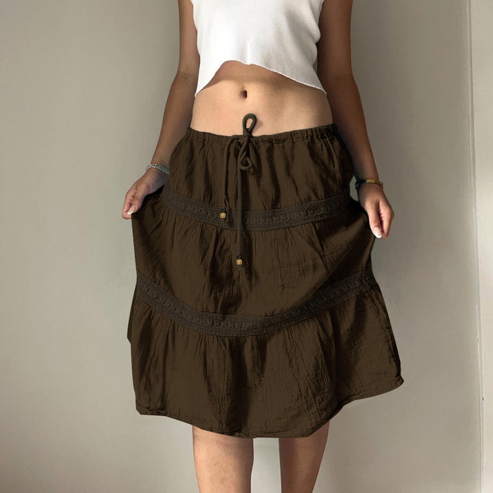 Women’s tiered boho midi skirt with elastic drawstring waistband and crochet band details Mune Fashion