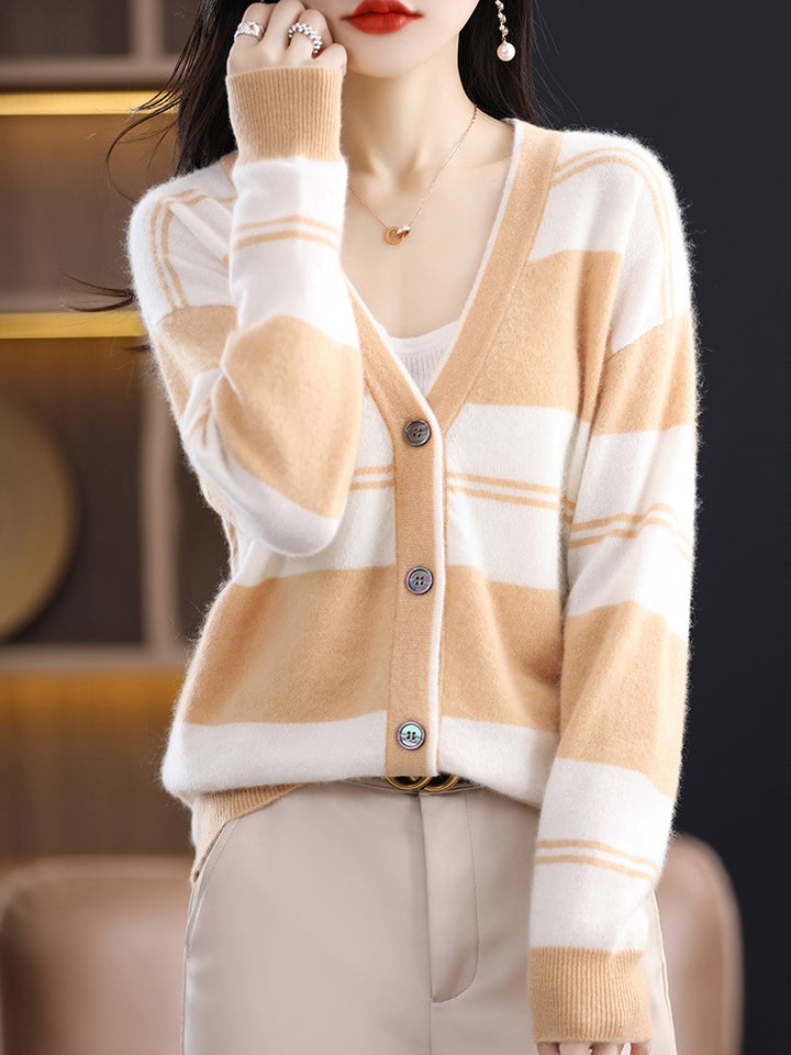 Ladies Mid-length Fine Knit Cardigan with Wide Block Stripes, V-neck and Ribbed Cuffs Mune Fashion