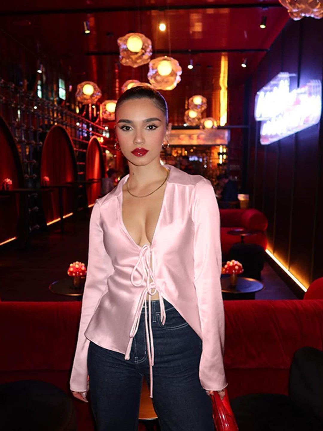 Women's blouse with deep V-neckline and tie ribbons tailored fit flared sleeves Mune Fashion