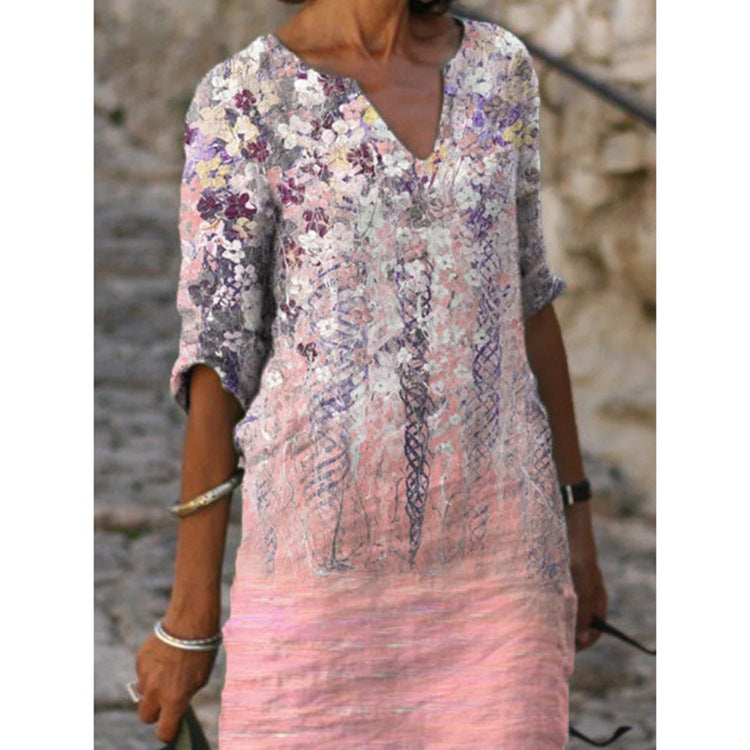 Women's knee-length midi dress in a material mix with floral lace surface, V-neck and crinkle texture Mune Fashion