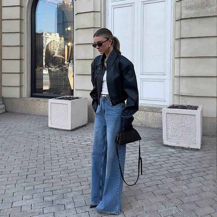 Women's Cropped Oversized Leather Jacket with Shirt Collar, Cropped Silhouette and Extra-Wide Sleeves Mune Fashion