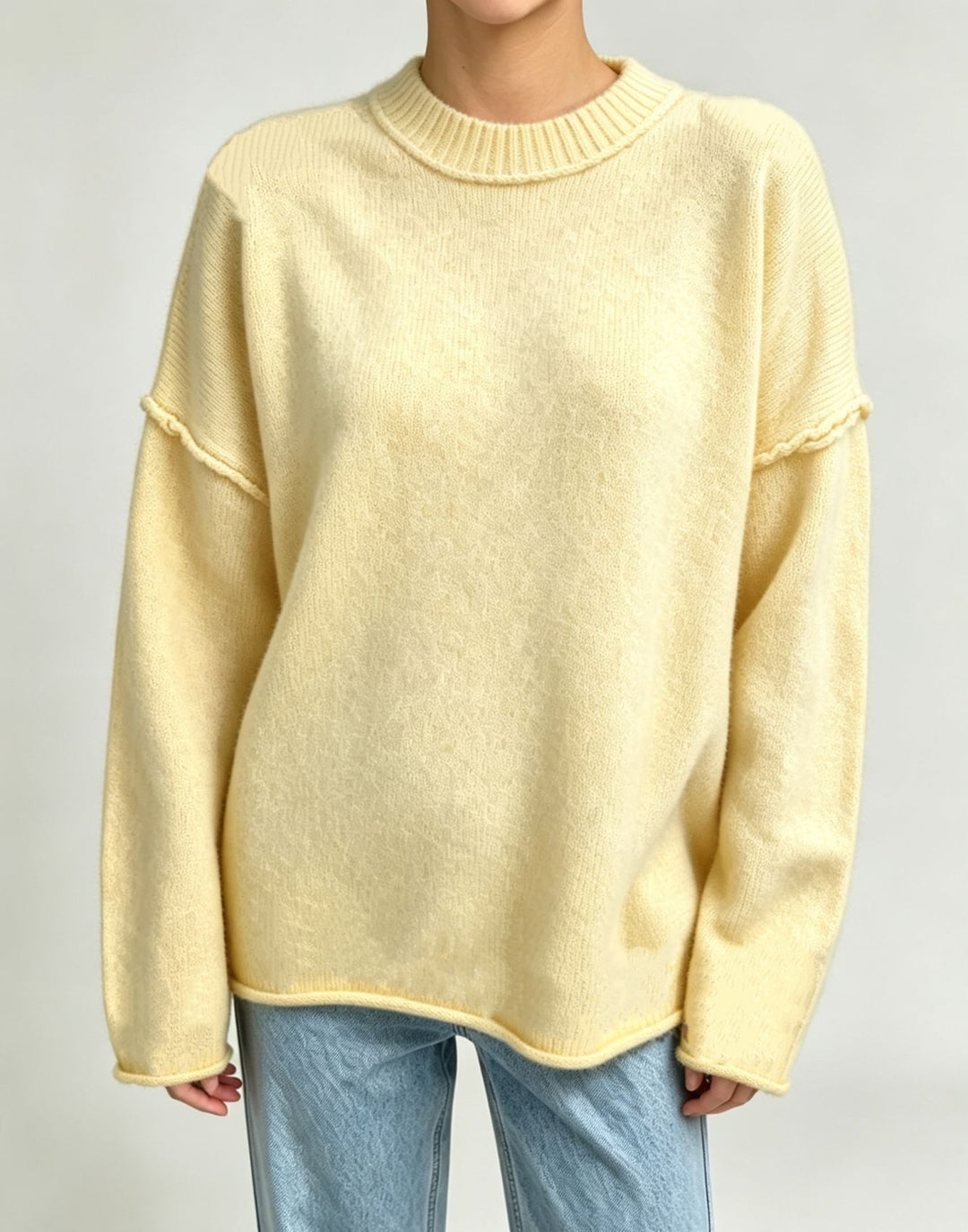 Women Oversize Boxy Sweater with short stand-up collar and decorative edge seam Mune Fashion