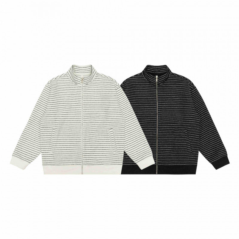 Unisex Striped Knit Zip Jacket with Stand-up Collar and Patch Pockets Mune Fashion