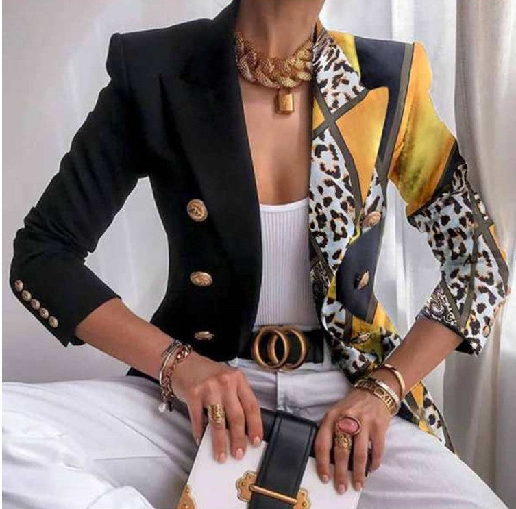 Women's Tailored Double-Breasted Blazer with Distinctive Shoulder, Gold Buttons and Glitter Ombre Mune Fashion