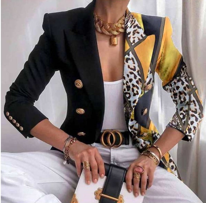 Women's Tailored Double-Breasted Blazer with Distinctive Shoulder, Gold Buttons and Glitter Ombre Mune Fashion