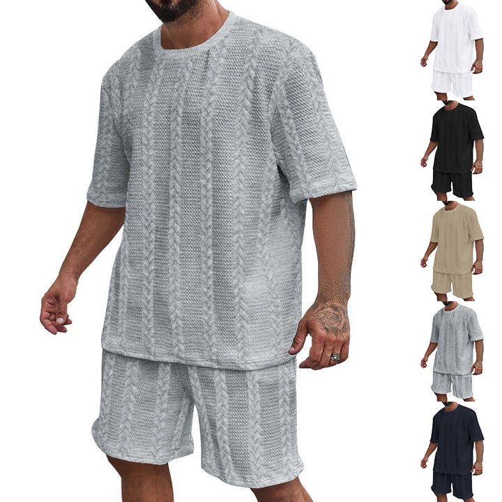 Men's relaxed braid-knit leisure set with wide short-sleeve shirt and elastic Bermuda Mune Fashion