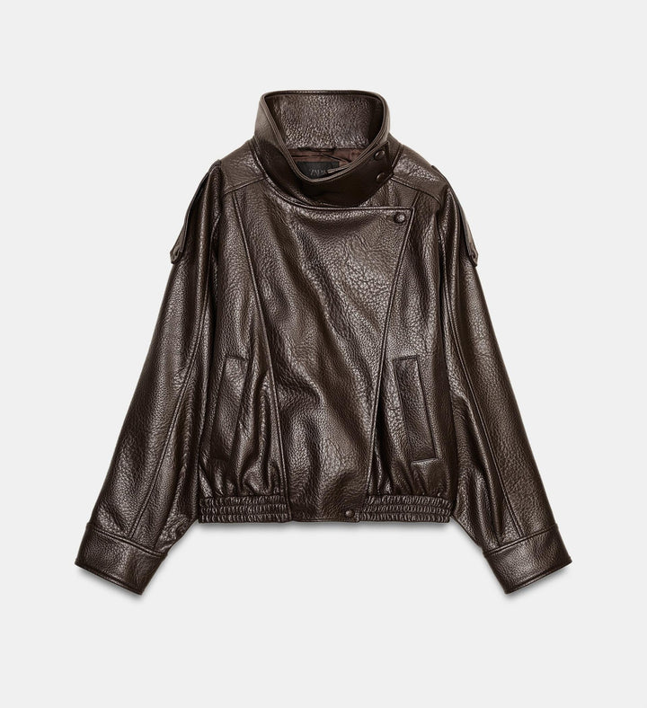 Men's short-cut leather jacket with high stand-up collar and ribbed hem Mune Fashion