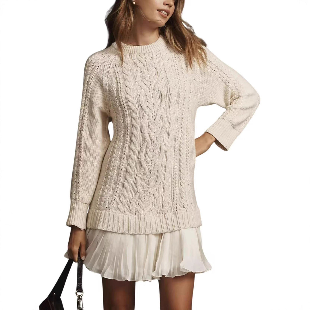 Women's cable knit sweater with tunic cut, cable pattern and ribbed cuffs Mune Fashion