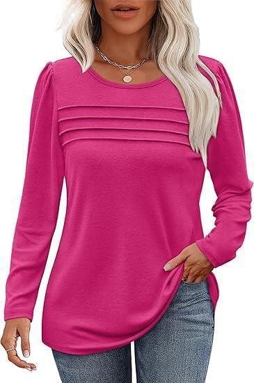 Women Fine Long Sleeve Shirt with Round Neck, Decorative Darts and Slightly Fitted A-Line Mune Fashion