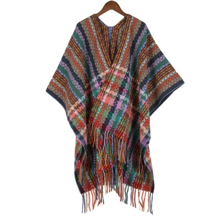 Women's Multicolored Woven Poncho in Boho Patchwork Design with Fringes Mune Fashion