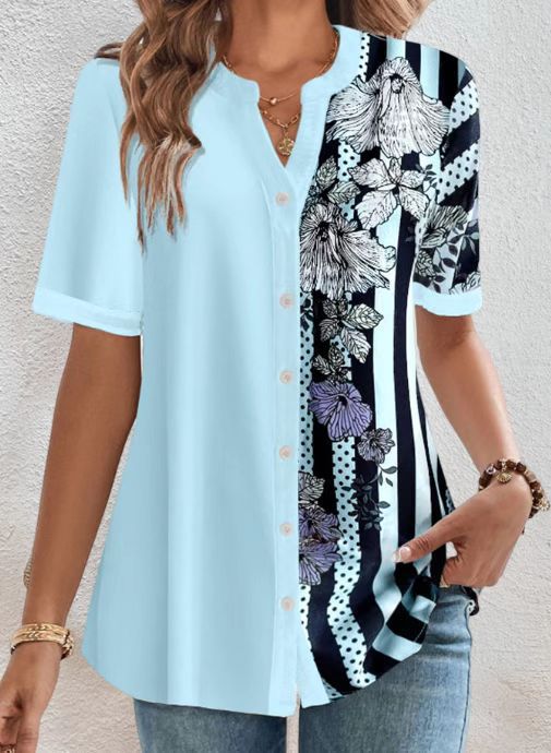 Women two-piece shirt blouse with asymmetrical pattern mix, button placket and loose hip length Mune Fashion