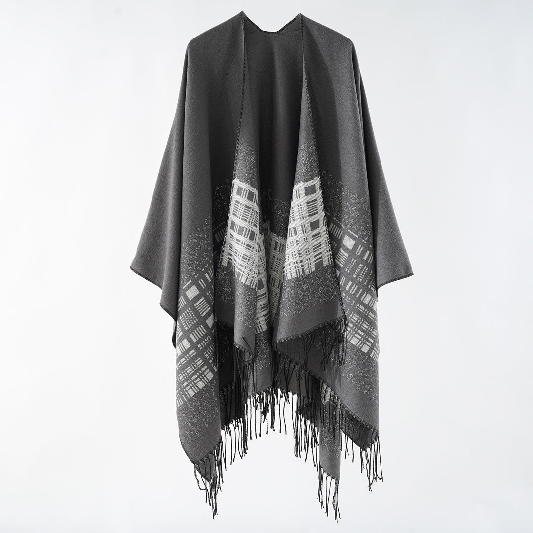 Women's wool blend shoulder poncho with jacquard pattern and fringe hem Mune Fashion