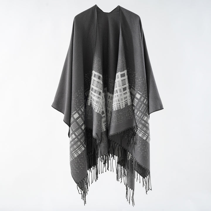 Women's wool blend shoulder poncho with jacquard pattern and fringe hem Mune Fashion