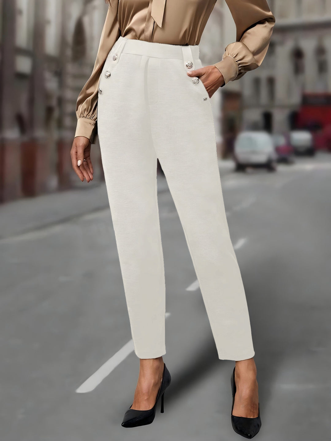 Women's High-Waisted Pleated Trousers with Decorative Buttons and Narrow Ankle Cut Mune Fashion