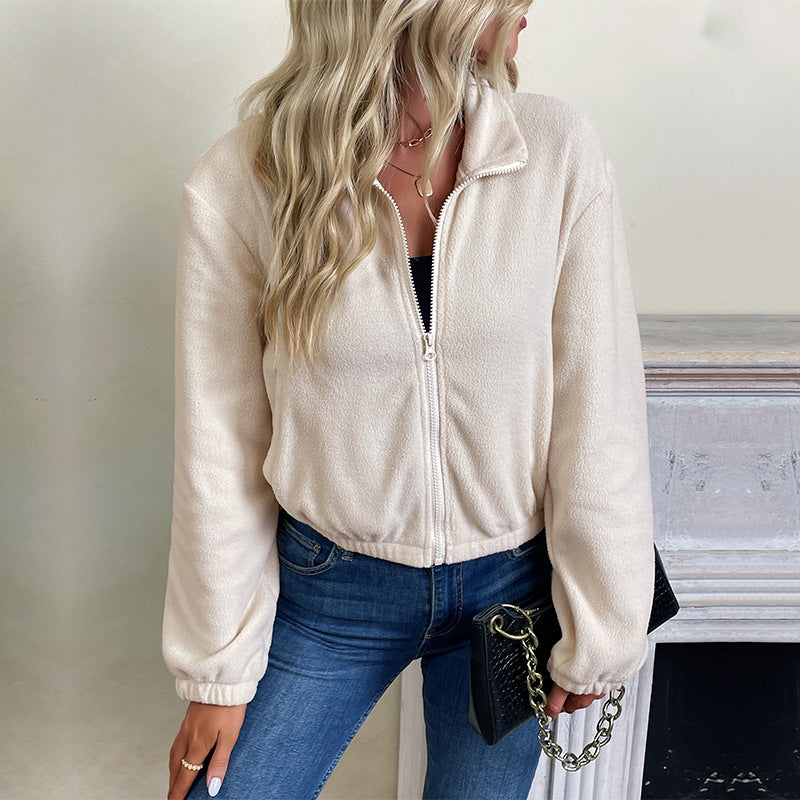 Ladies short-cut fleece zip jacket with stand-up collar and elastic hem Mune Fashion